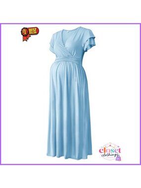 Maternity Maxi Dress V Neck Flowy Short Sleeve Nursing Baby Shower